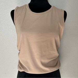 New Beige Ribbed Sleeveless Top XL | Ruched Back Stretch Tank Minimalist Style
